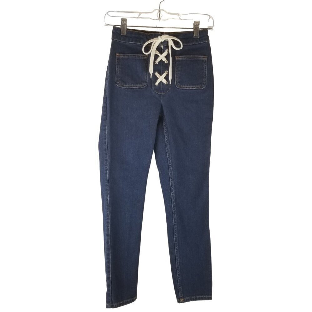 ZARA Jeans Womens XS 24 Lace‎ front Ankle Skinny Dark Wash Retro Hippie Stretch